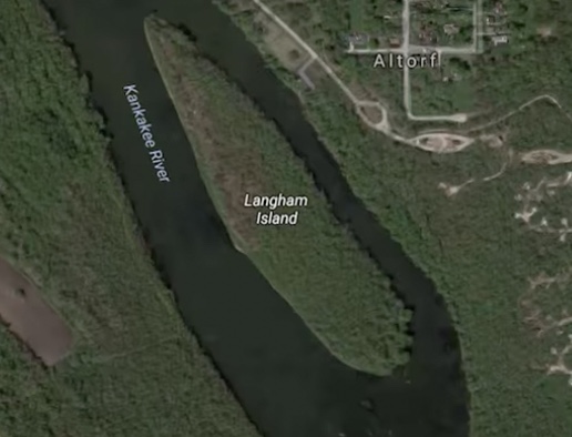 satellite imagery of an island labeled 'Langham Island' in a river labeled 'Kankakee River' near a grouping of roads labeled 'Altorf'